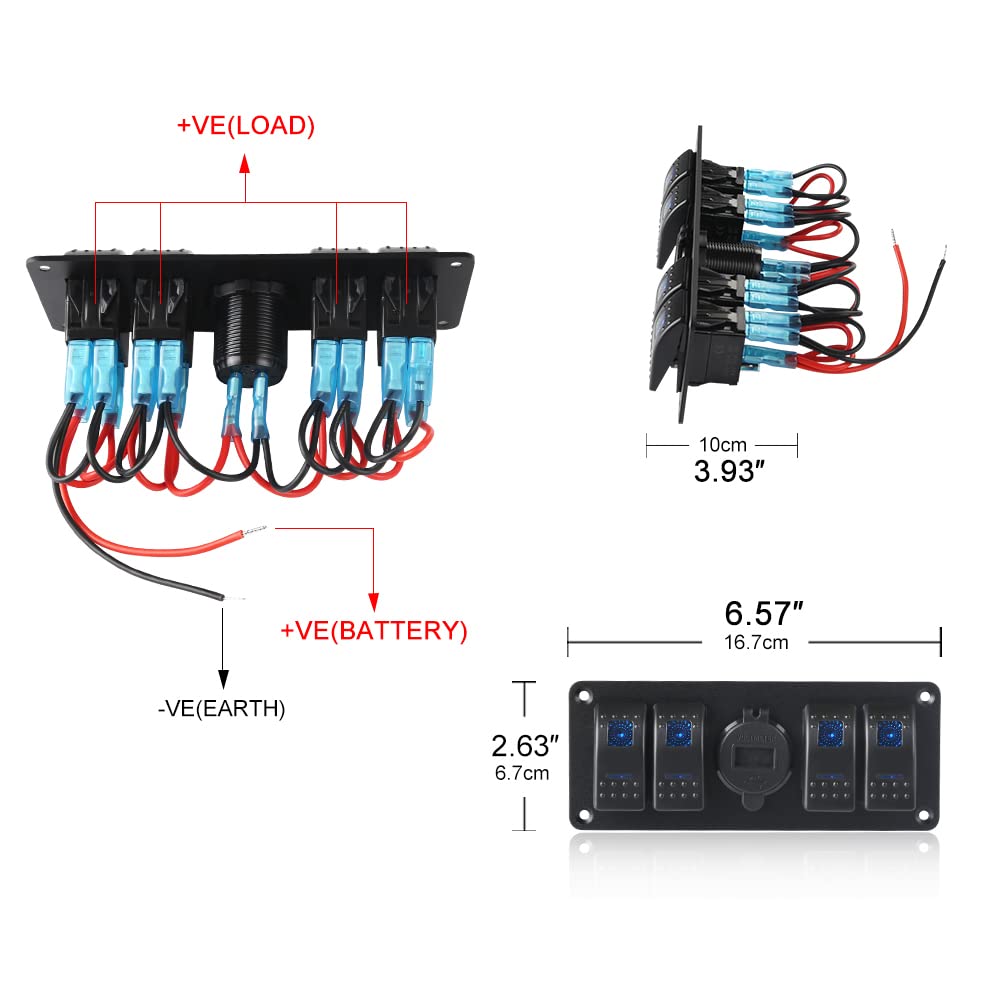 4 Gang Marine Switch Panel with Dual USB Charger Voltmeter Waterproof 12V-24V DC Pack of 2 M151719