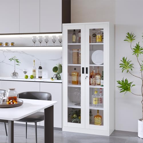 71" Locking Steel Cabinet with Tempered Glass Door, 2 Adjustable Shelves, 4 Doors, White T564