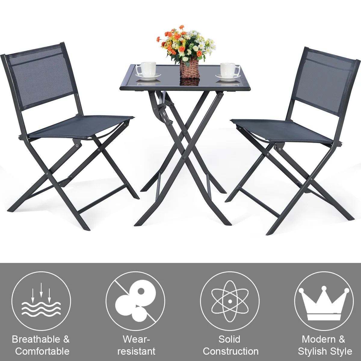3 Pc Folding Bistro Set Outdoor Patio Furniture O90097