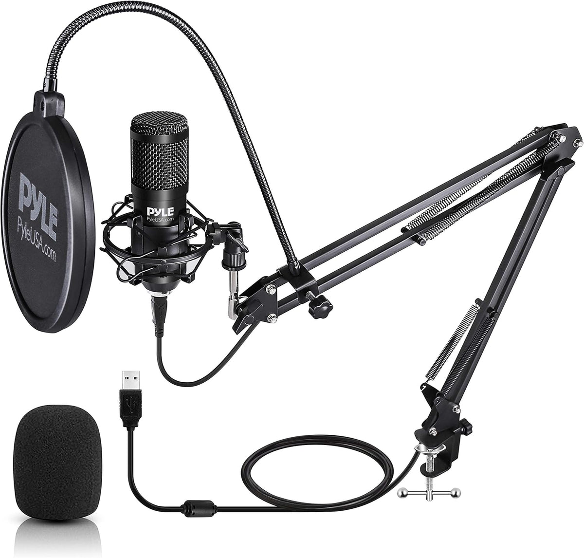 Black Cardioid Condenser USB Microphone with Boom Arm Stand and Pop Filter F56527