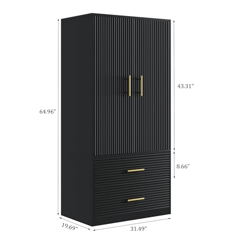 White Freestanding Wooden Armoire with 2 Drawers and Hanging Rod N603