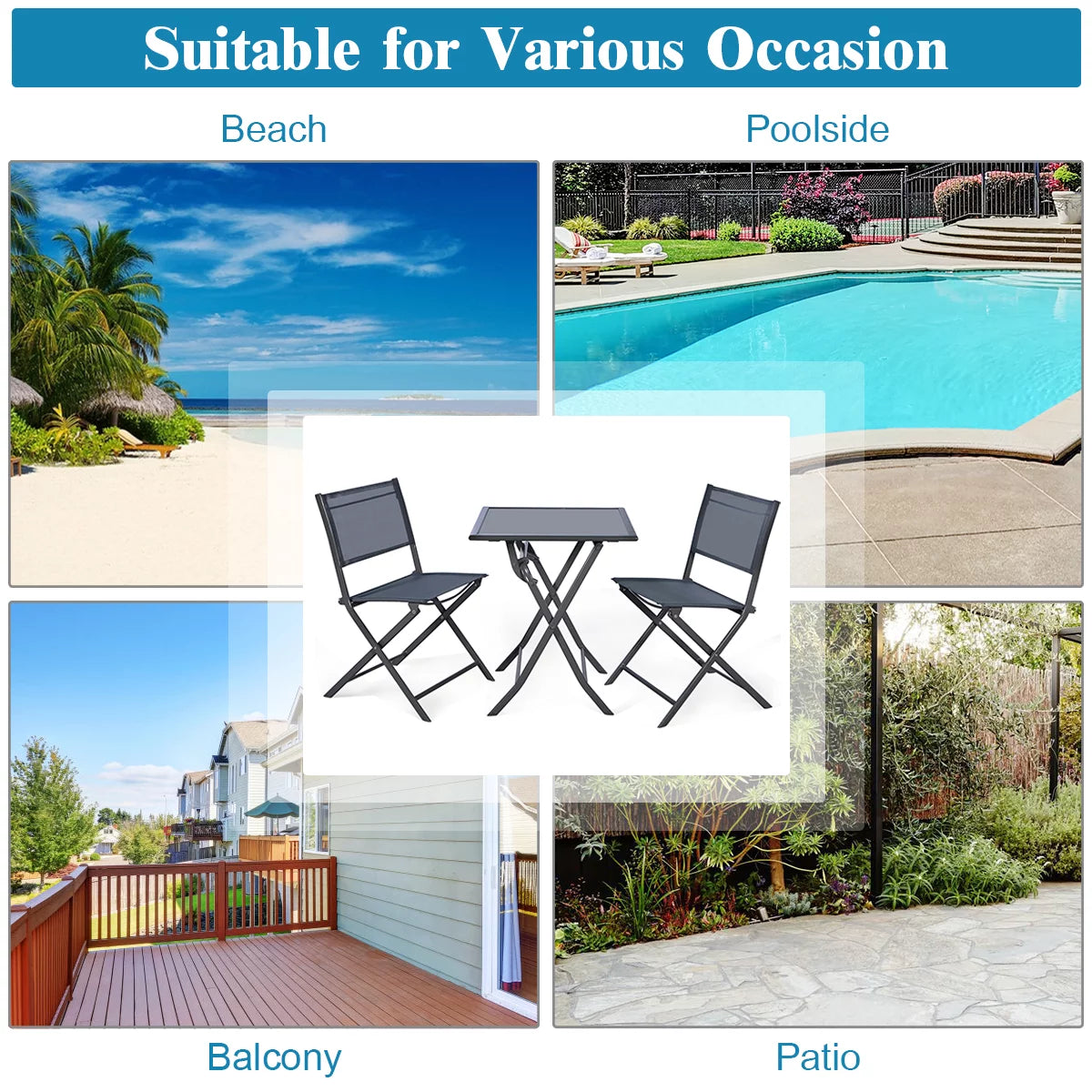 3 Pc Folding Bistro Set Outdoor Patio Furniture O90097