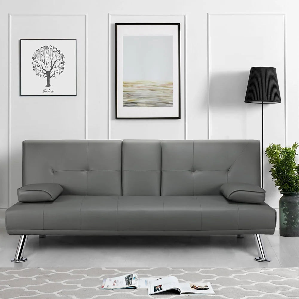 Gray Faux Leather Futon with Cupholders and Pillows V598632