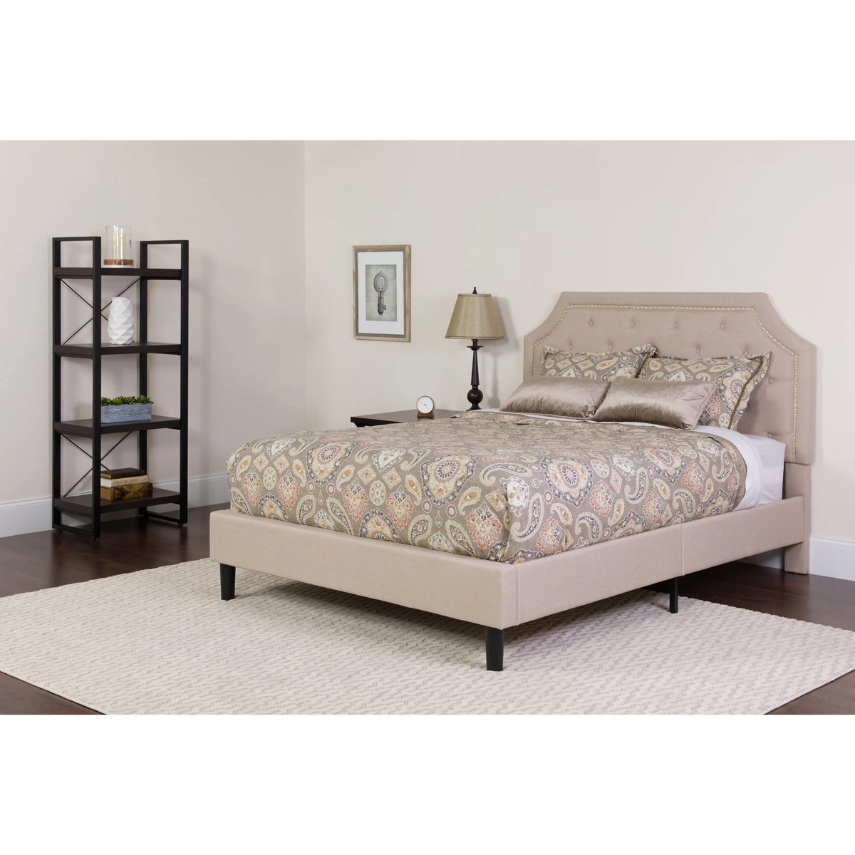 King Size Beige Fabric Upholstered Platform Bed with Pocket Spring Mattress S2805