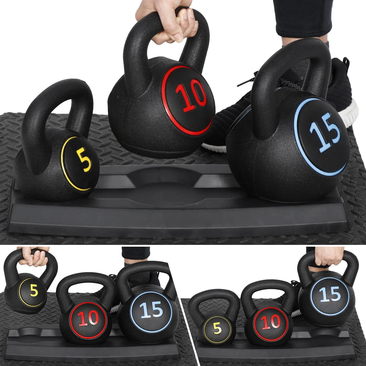3 Piece 5lb 10lb 15lb Kettlebell Set with Storage Rack V8163