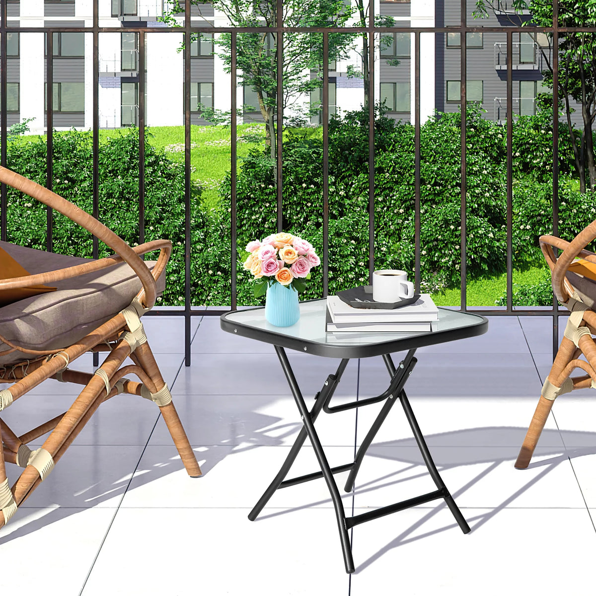 18'' Foldable Square Patio Side Table with Tempered Glass Top L7413