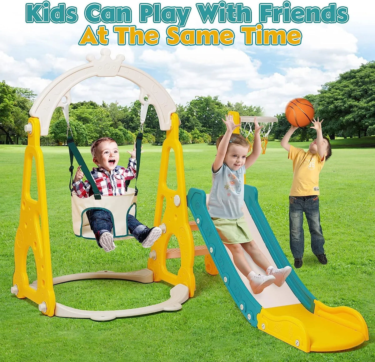 4 in 1 Toddler Swing and Slide Playset with Climber and Basketball Hoop O29259