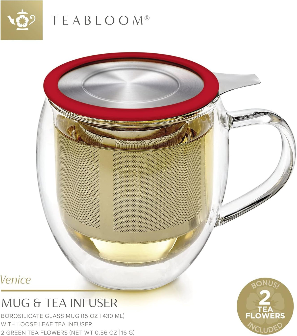 Double-Wall Borosilicate Glass Mug with Stainless Steel Infuser and Lid – 15 OZ J6251