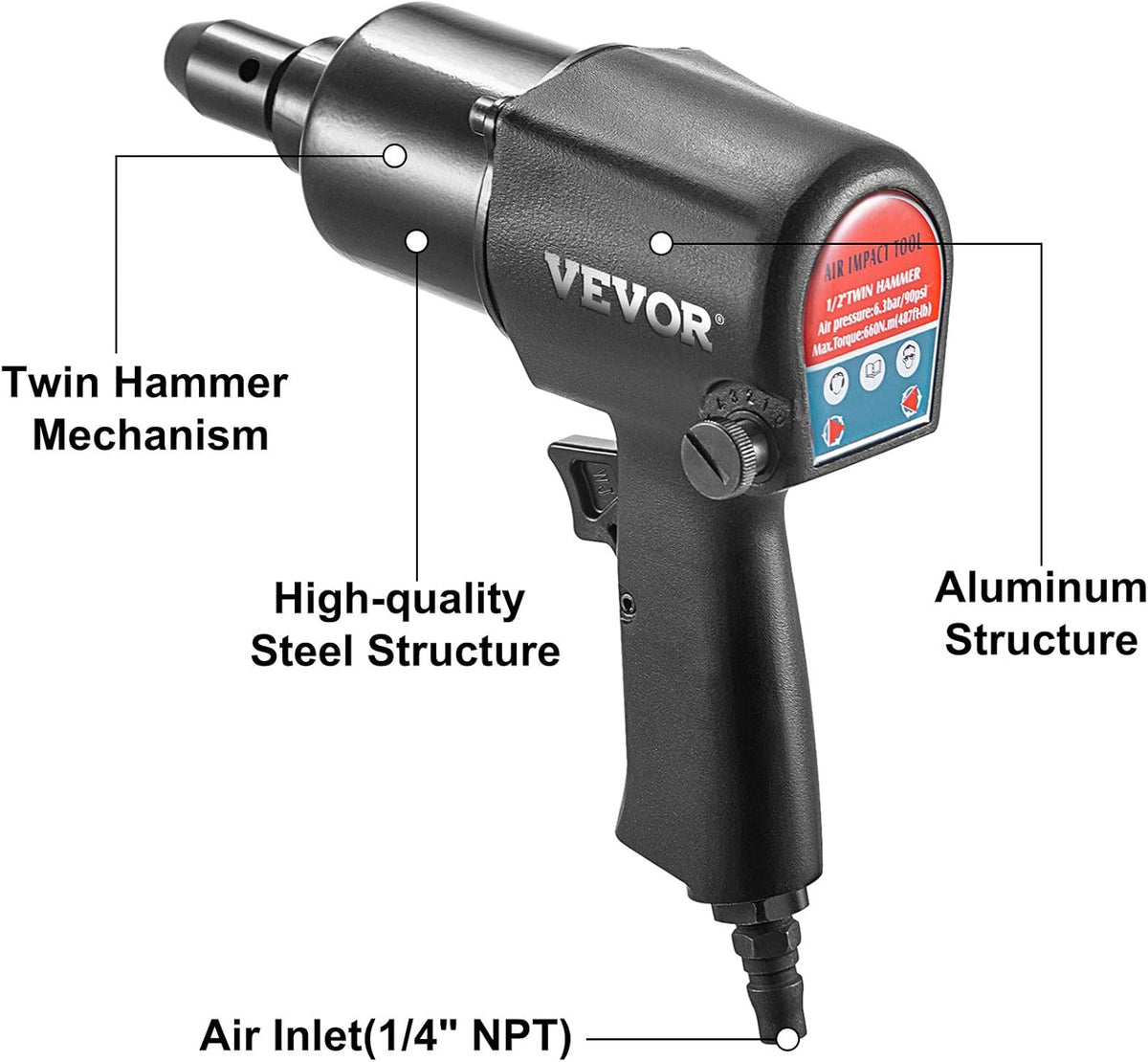1/2" 660Nm 5-Speed Pneumatic Impact Wrench Pack of 2 P6828
