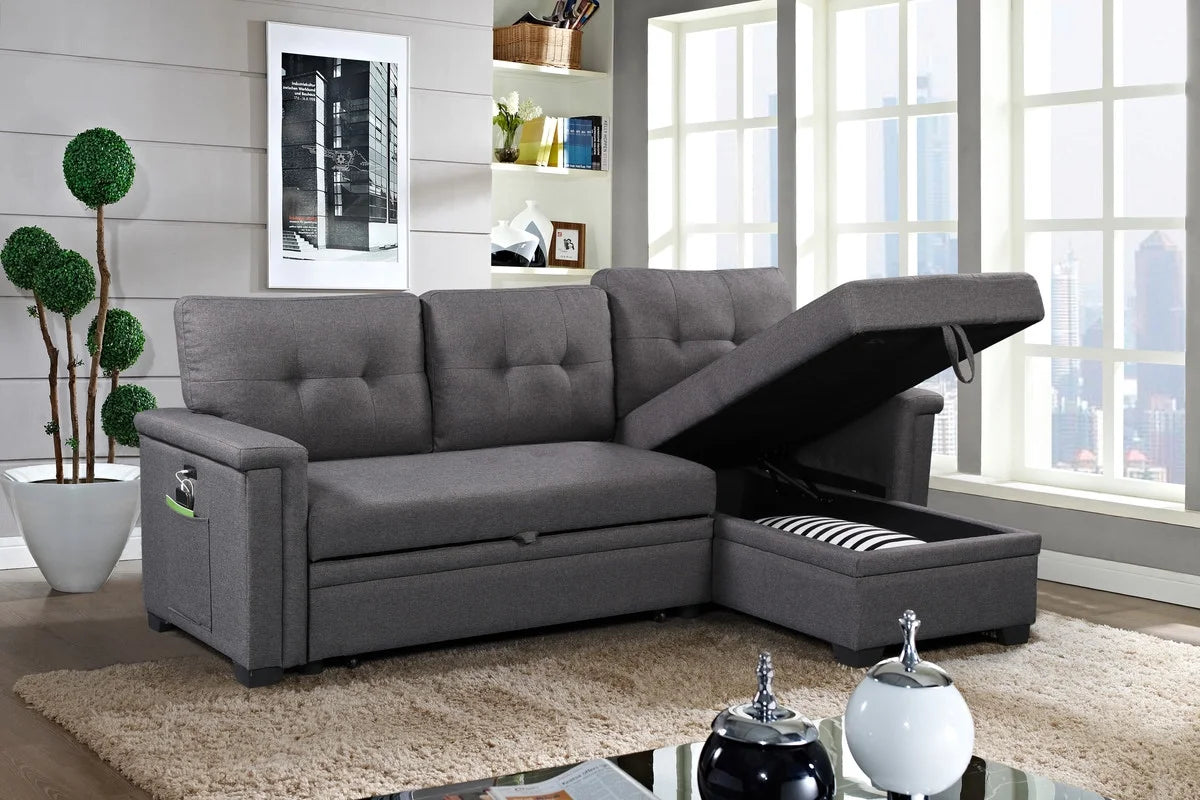 Dark Gray Reversible Sleeper Sectional Sofa with Storage Chaise H606