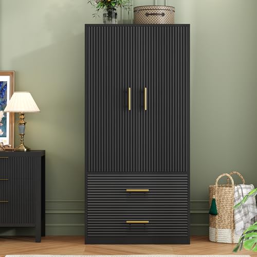 White Freestanding Wooden Armoire with 2 Drawers and Hanging Rod N603