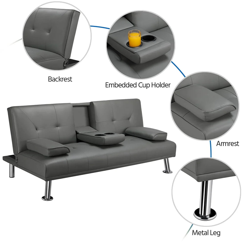 Gray Faux Leather Futon with Cupholders and Pillows V598632