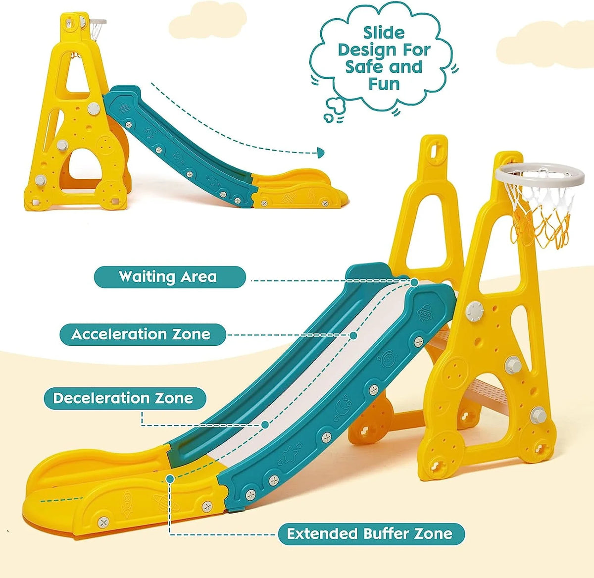 4 in 1 Toddler Swing and Slide Playset with Climber and Basketball Hoop O29259