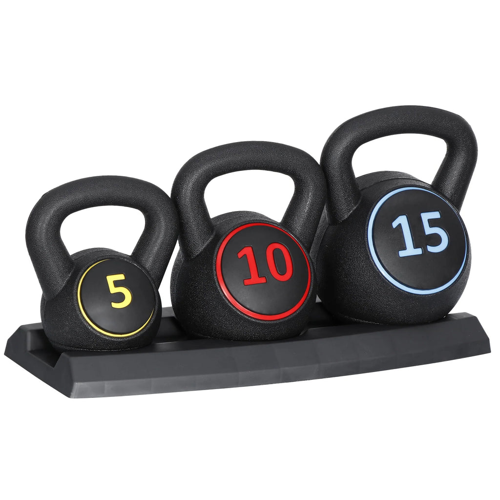 3 Piece 5lb 10lb 15lb Kettlebell Set with Storage Rack V8163