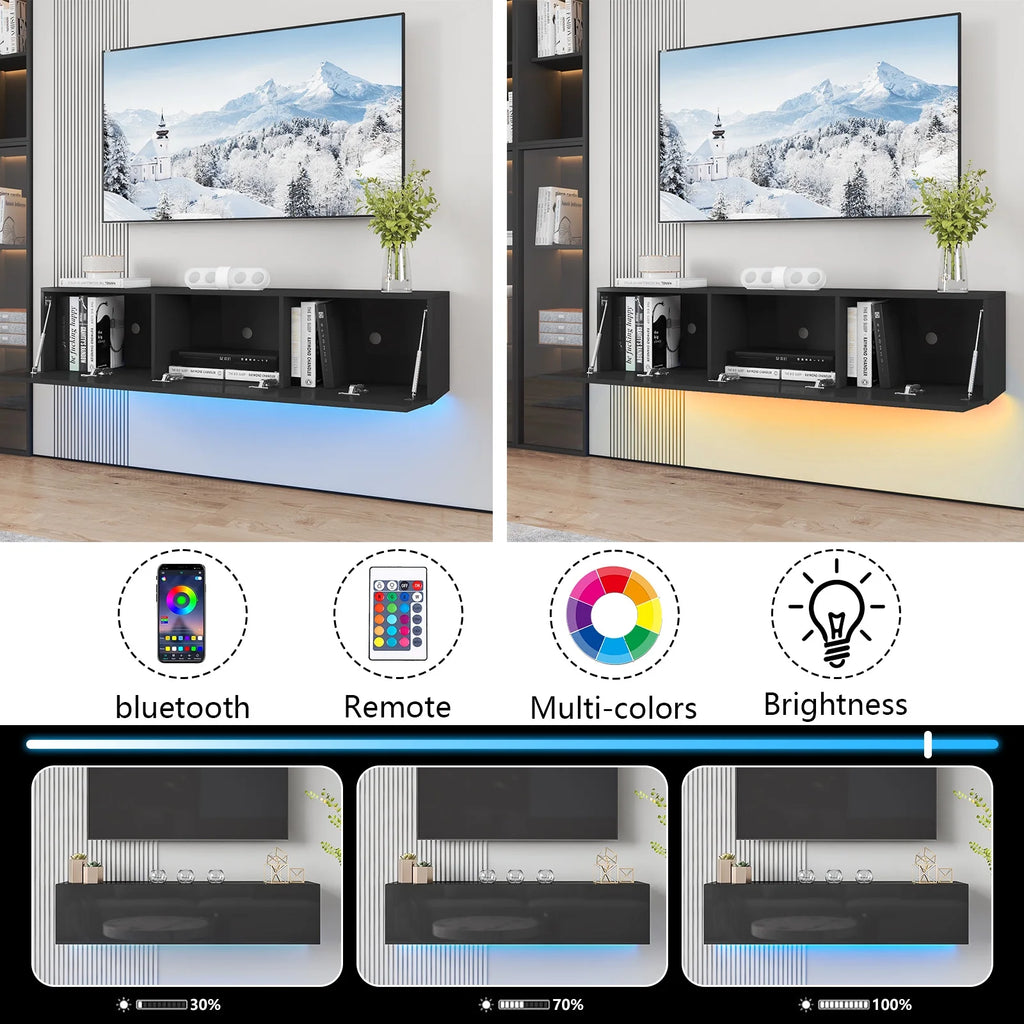 White Floating TV Stand with LED Lights and Storage D3085