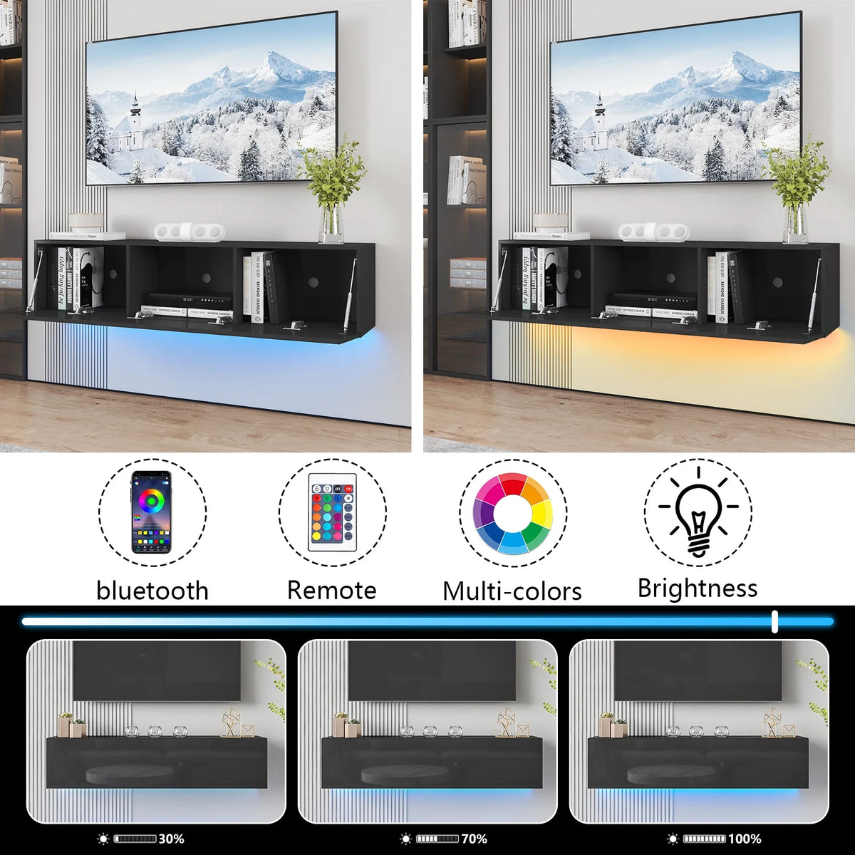 White Floating TV Stand with LED Lights and Storage D3085