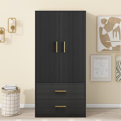 White Freestanding Wooden Armoire with 2 Drawers and Hanging Rod N603