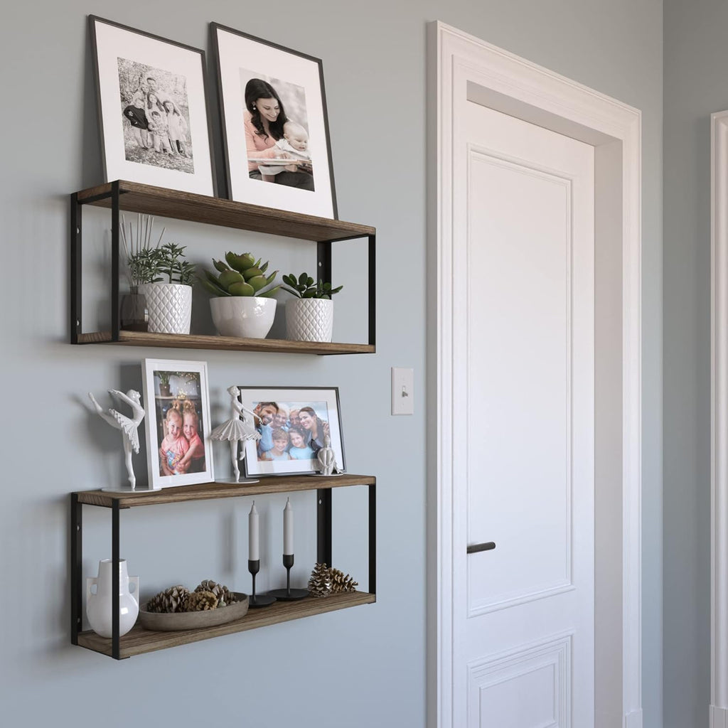 Wood Floating Shelves 24x6 2 Tier Set of 2 Burned Finish G878
