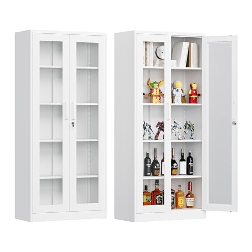 71" Locking Steel Cabinet with Tempered Glass Door, 2 Adjustable Shelves, 4 Doors, White T564