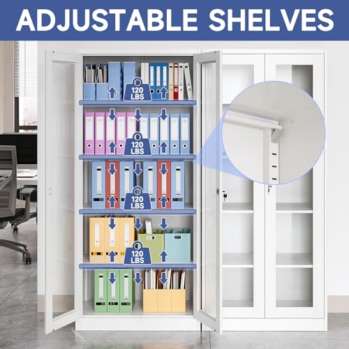 71" Locking Steel Cabinet with Tempered Glass Door, 2 Adjustable Shelves, 4 Doors, White T564
