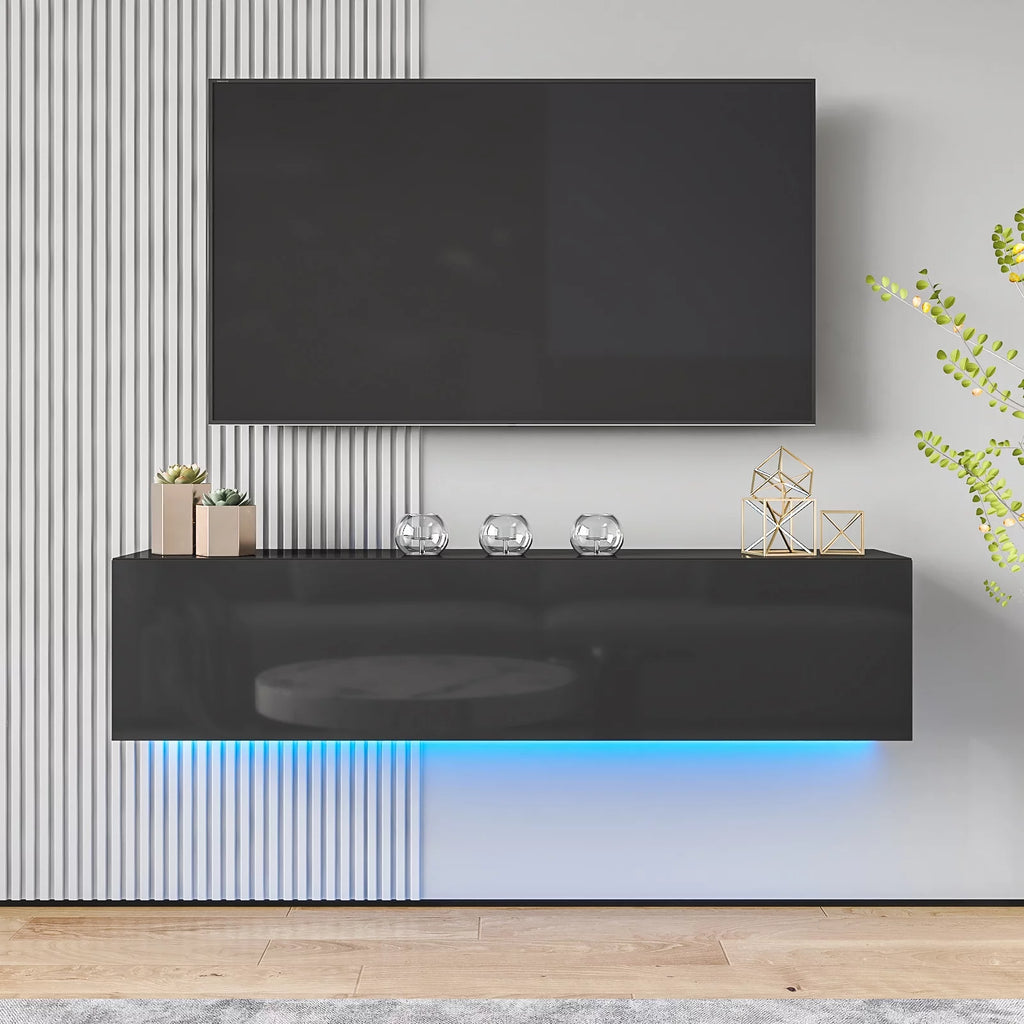 White Floating TV Stand with LED Lights and Storage D3085
