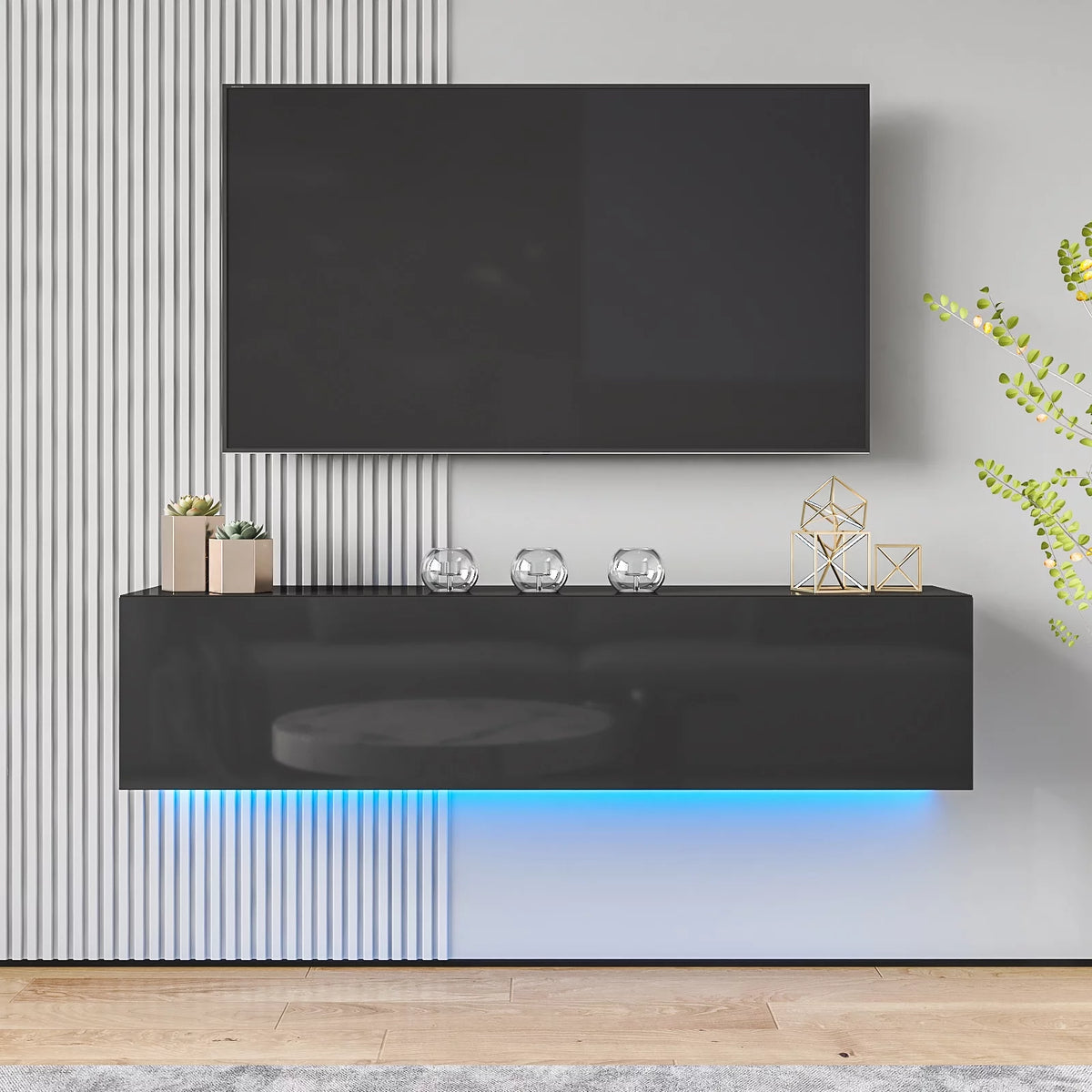White Floating TV Stand with LED Lights and Storage D3085