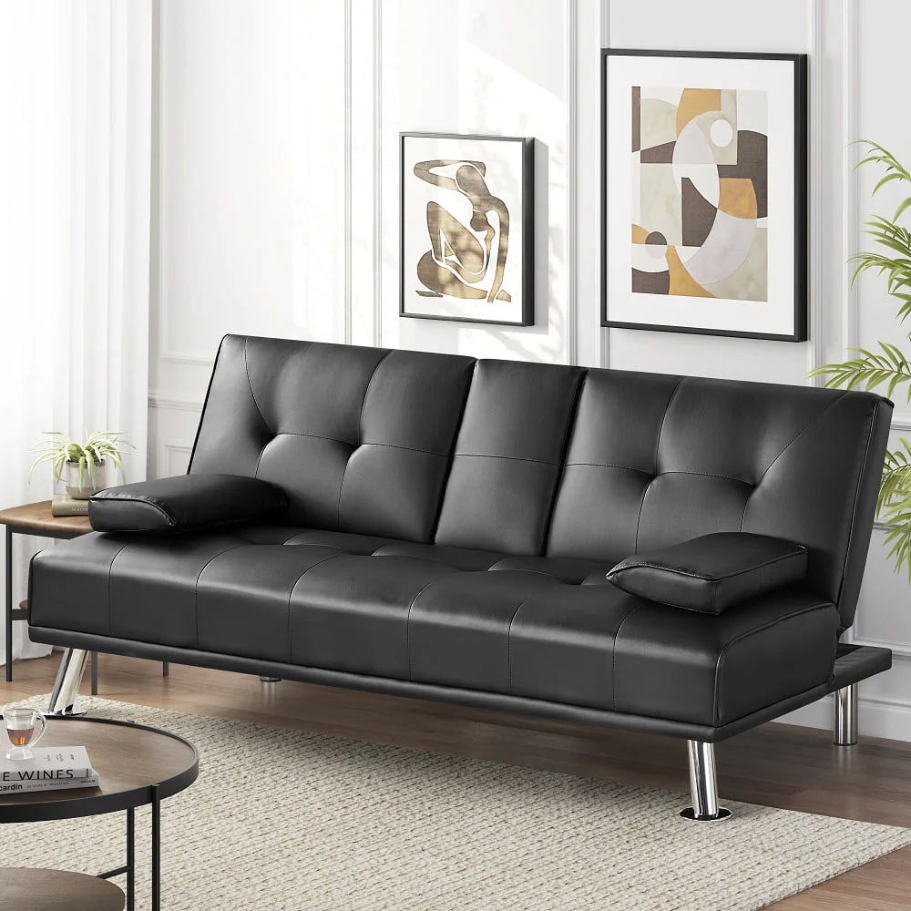 Gray Faux Leather Futon with Cupholders and Pillows V598632