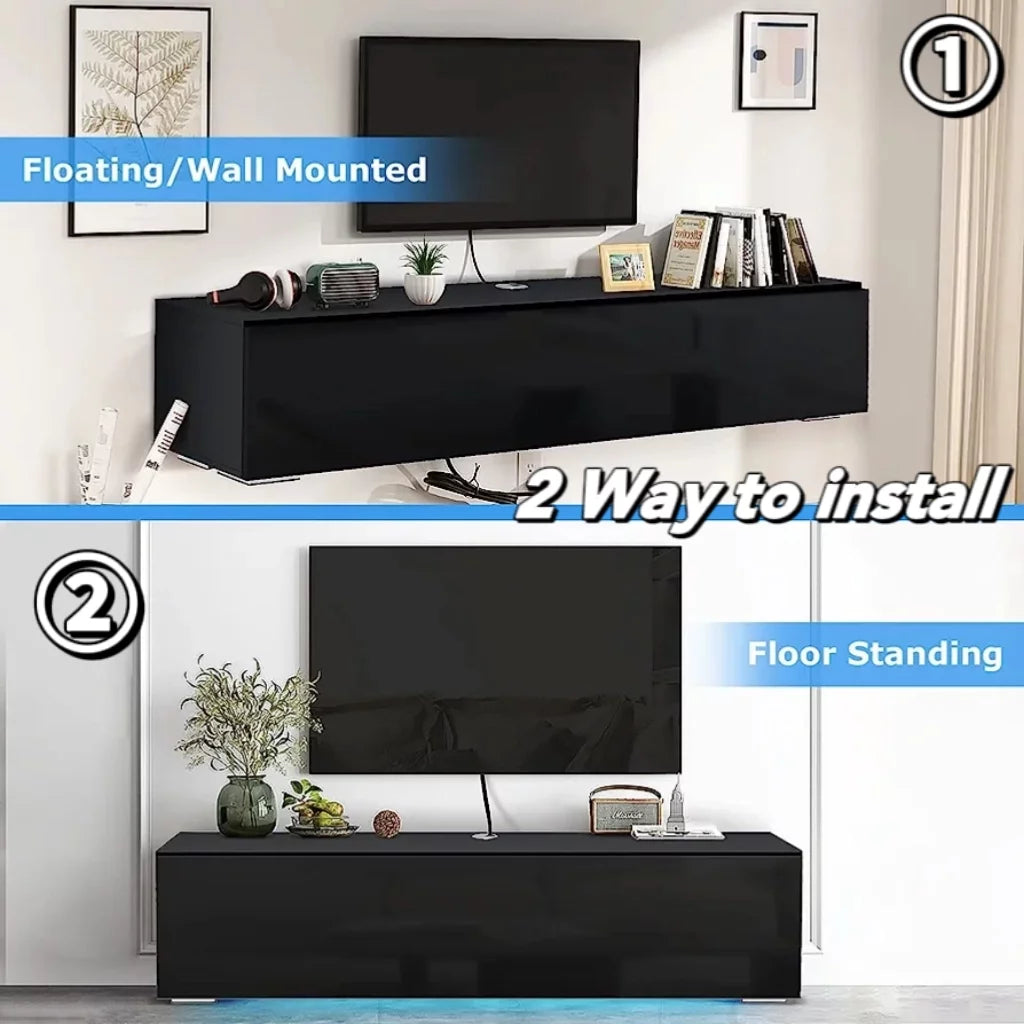White Floating TV Stand with LED Lights and Storage D3085