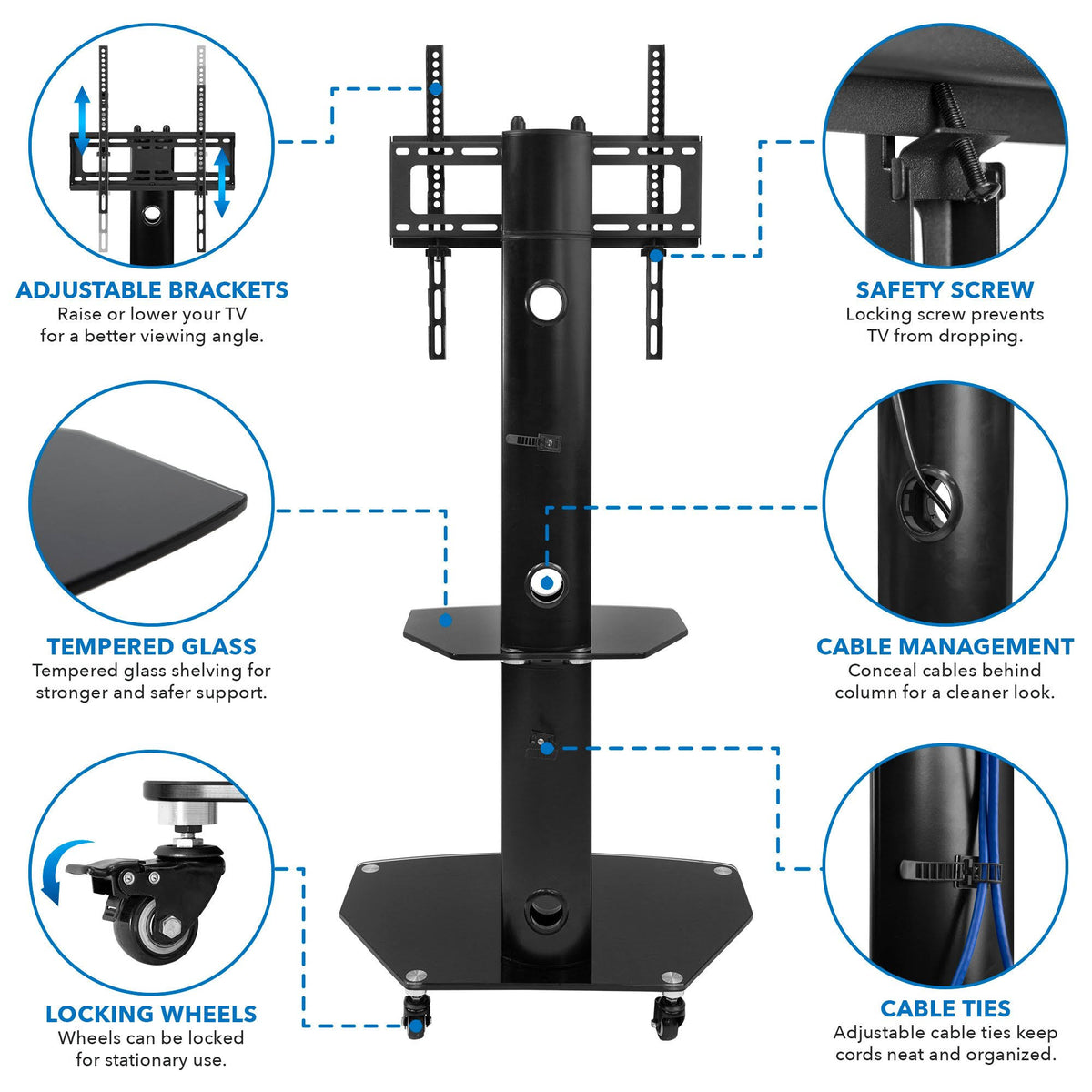 Mobile TV Stand Cart for Flat Screen TVs, Adjustable - Black Q322192
