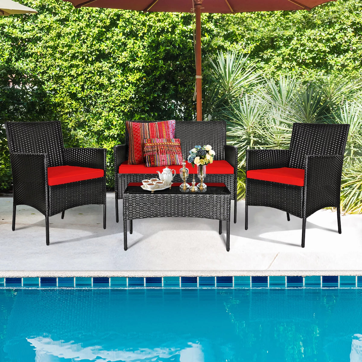 4 Pcs Outdoor Rattan Furniture Set with Turquoise Cushion A86563