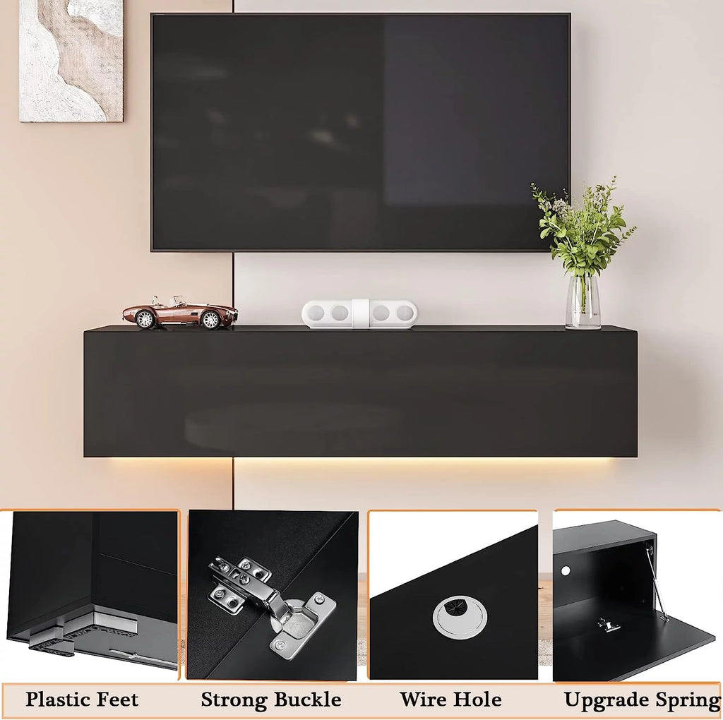 White Floating TV Stand with LED Lights and Storage D3085