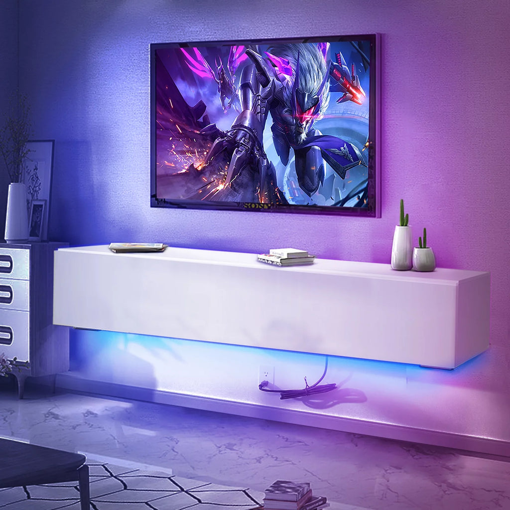 White Floating TV Stand with LED Lights and Storage D3085