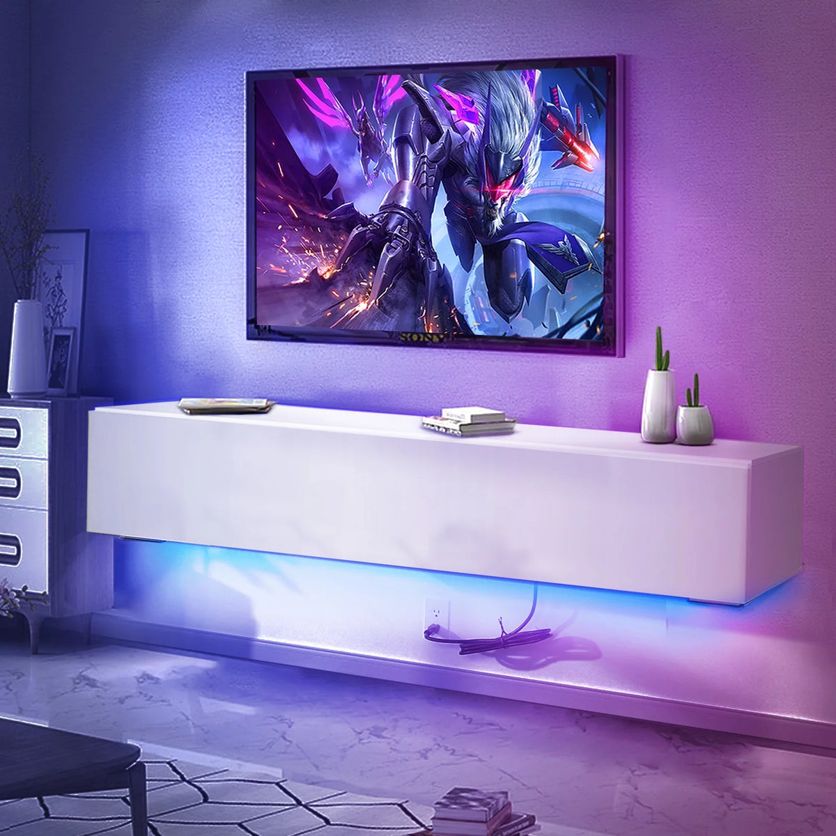 White Floating TV Stand with LED Lights and Storage D3085