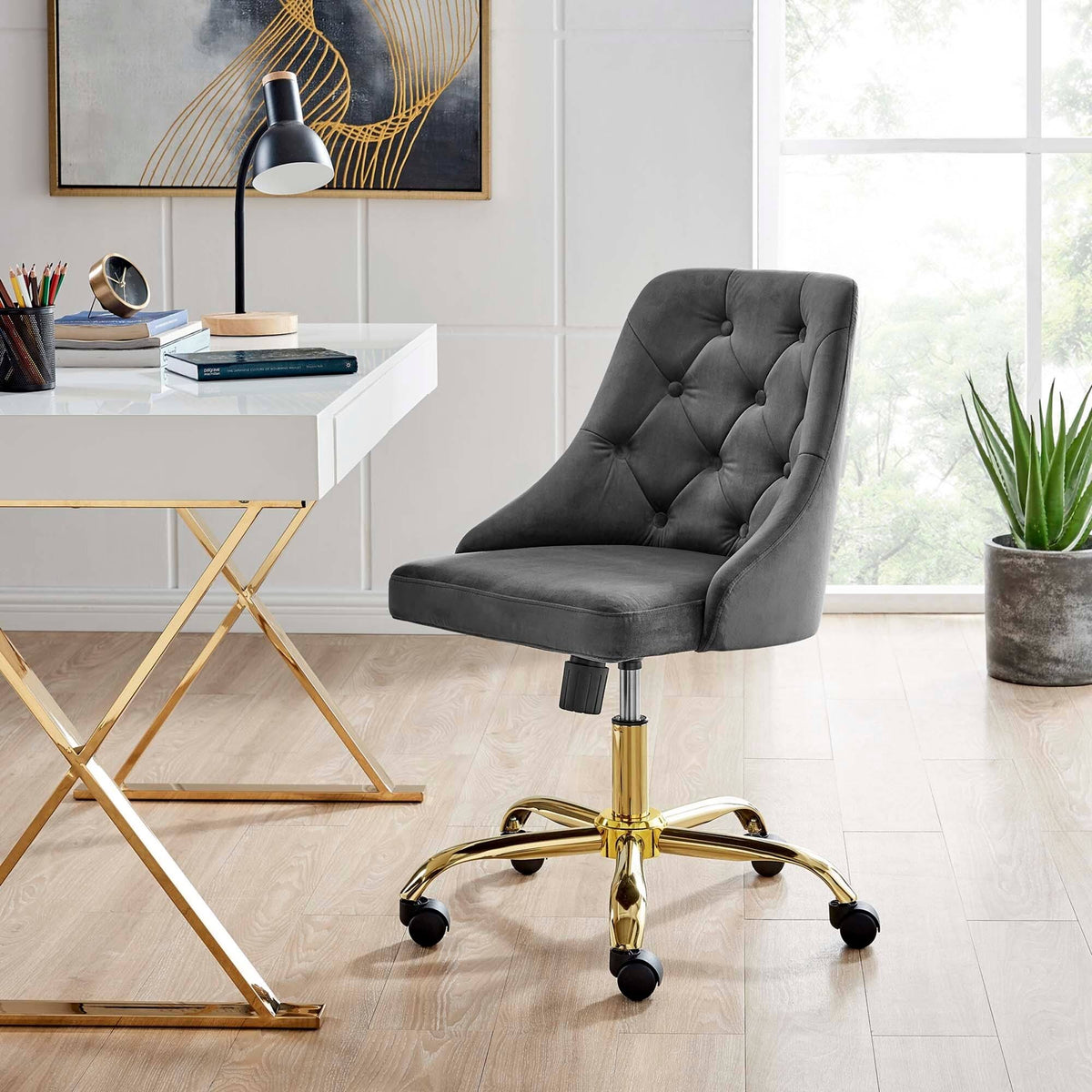Gold Gray Velvet Swivel Office Chair O9248