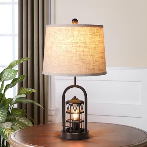 23" Rustic Table Lamp Set of 2 with Night Light, Brown B1258