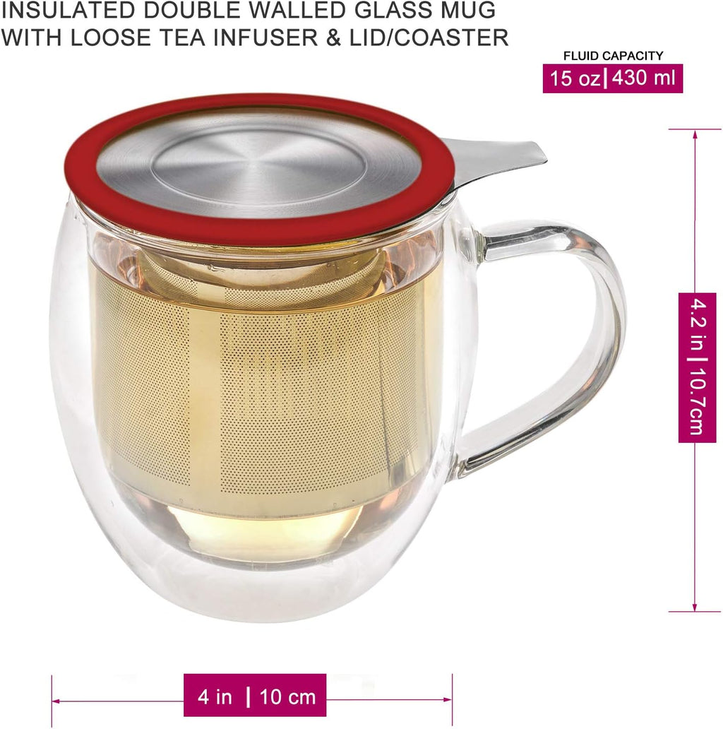 Double-Wall Borosilicate Glass Mug with Stainless Steel Infuser and Lid – 15 OZ J6251