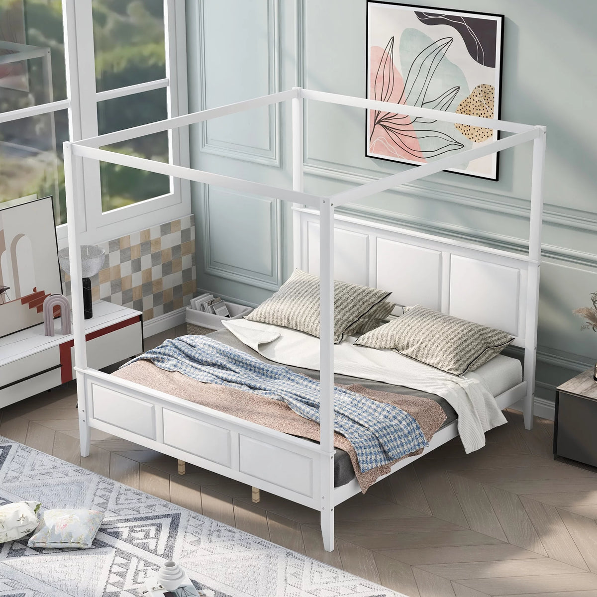 King Size Canopy Platform Bed with Headboard and Footboard U40370