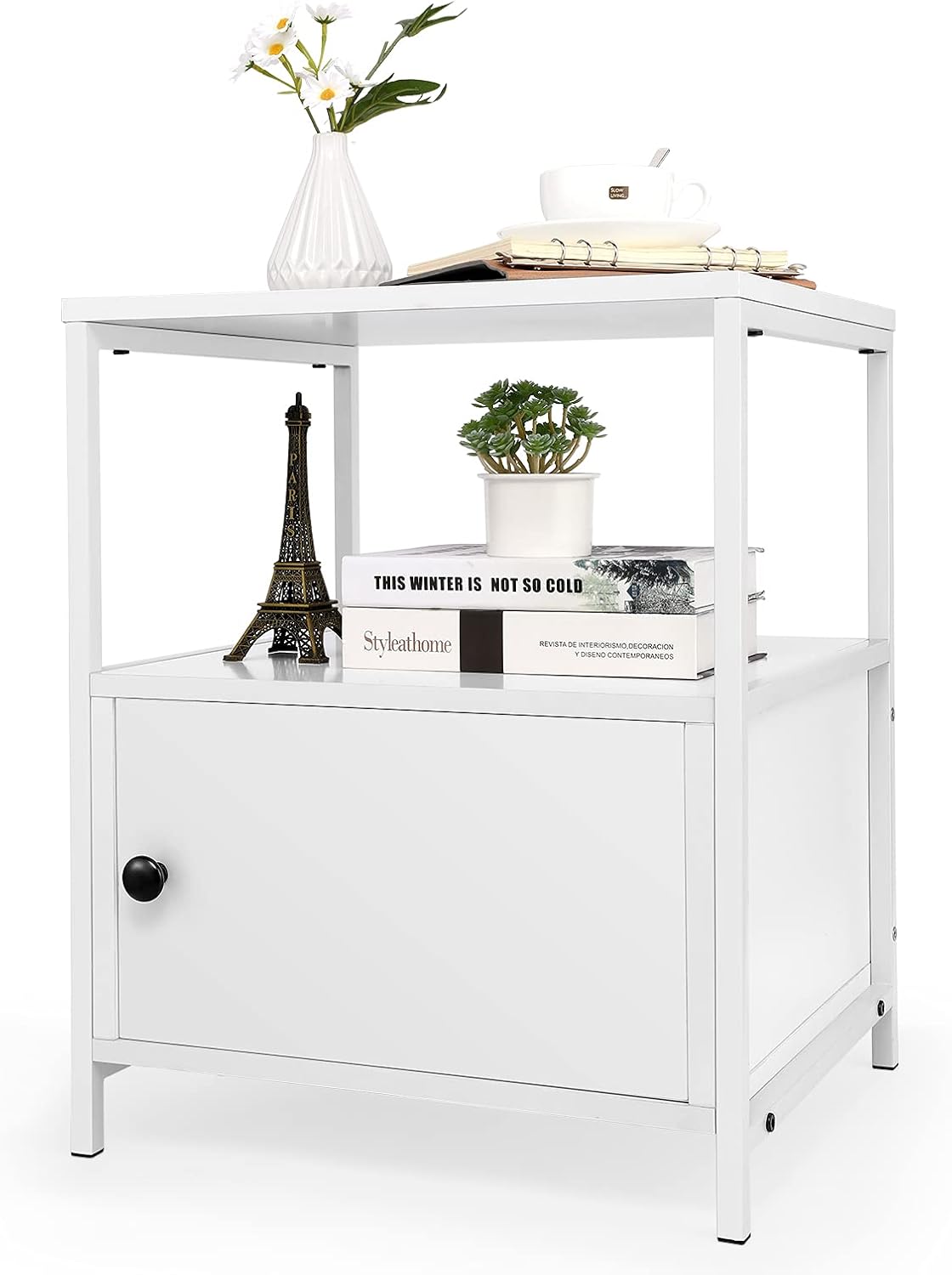White 3-Tier Wooden Nightstand with Storage Cabinet and Open Shelf L62247