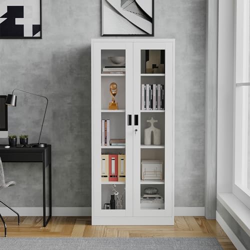 71" Locking Steel Cabinet with Tempered Glass Door, 2 Adjustable Shelves, 4 Doors, White T564