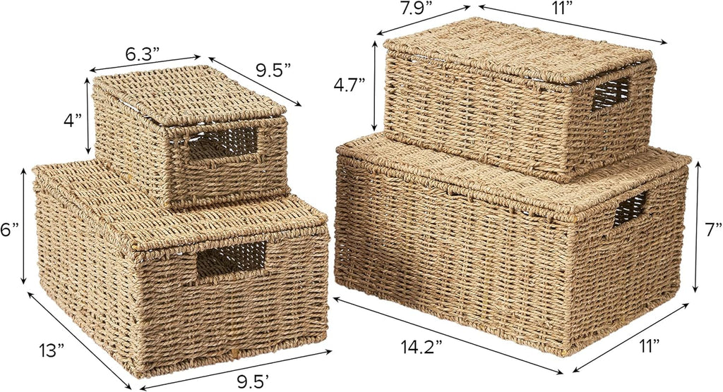 Wicker Storage Basket Set of 3 Woven Seagrass Baskets with Lid and Handle, Large Rectangular Natural Nesting Storage Bins G983493