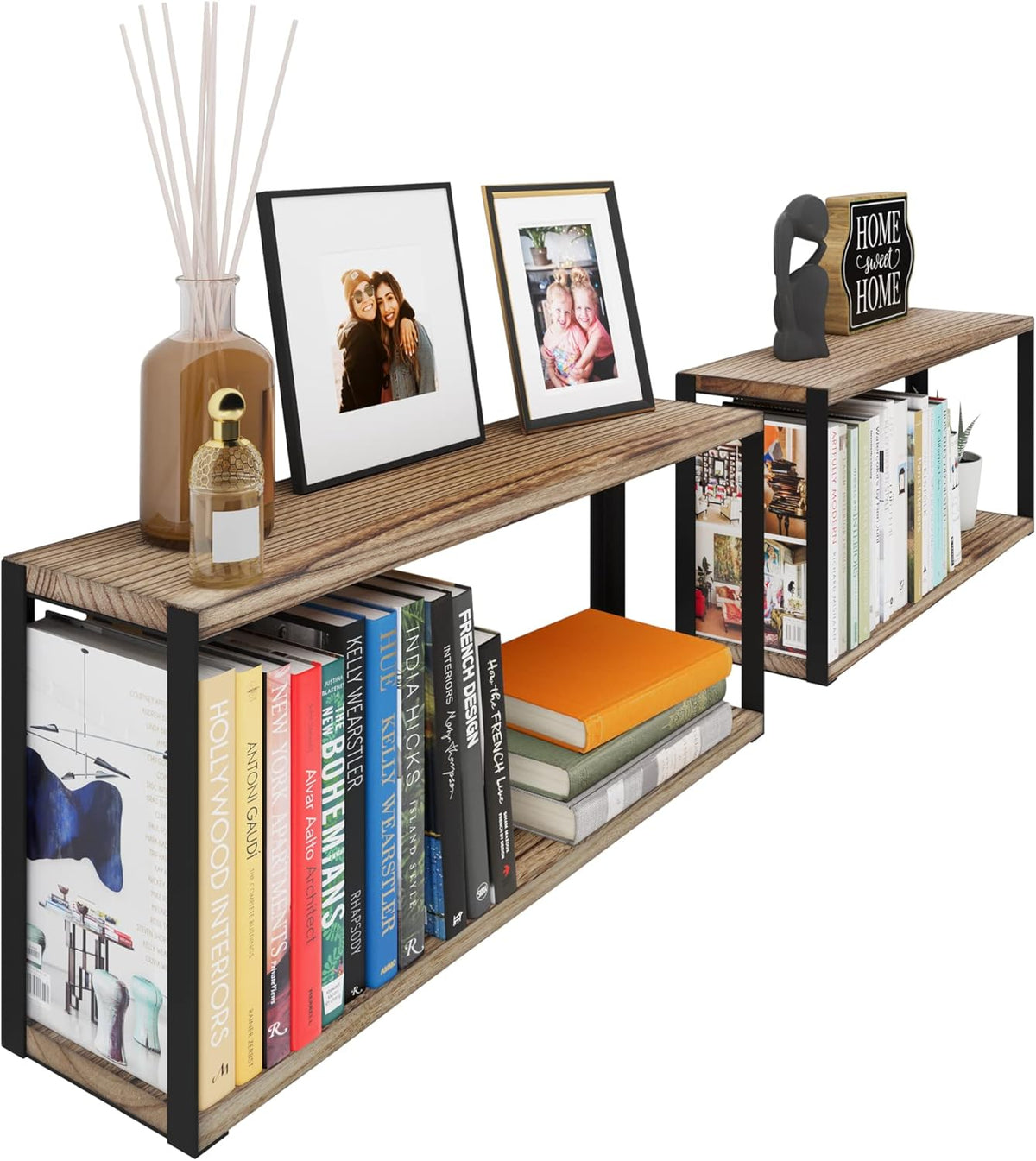Wood Floating Shelves 24x6 2 Tier Set of 2 Burned Finish G878