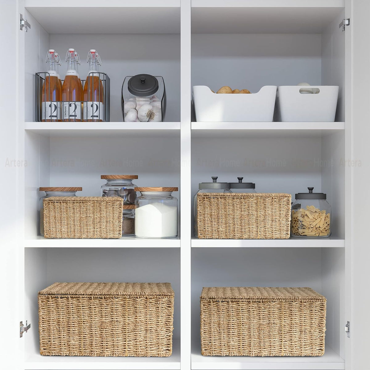 Wicker Storage Basket Set of 3 Woven Seagrass Baskets with Lid and Handle, Large Rectangular Natural Nesting Storage Bins G983493