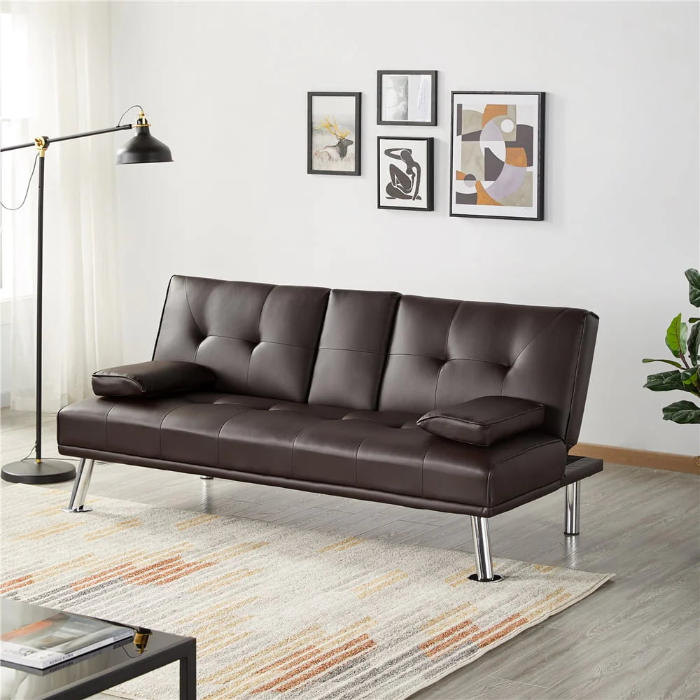 Gray Faux Leather Futon with Cupholders and Pillows V598632