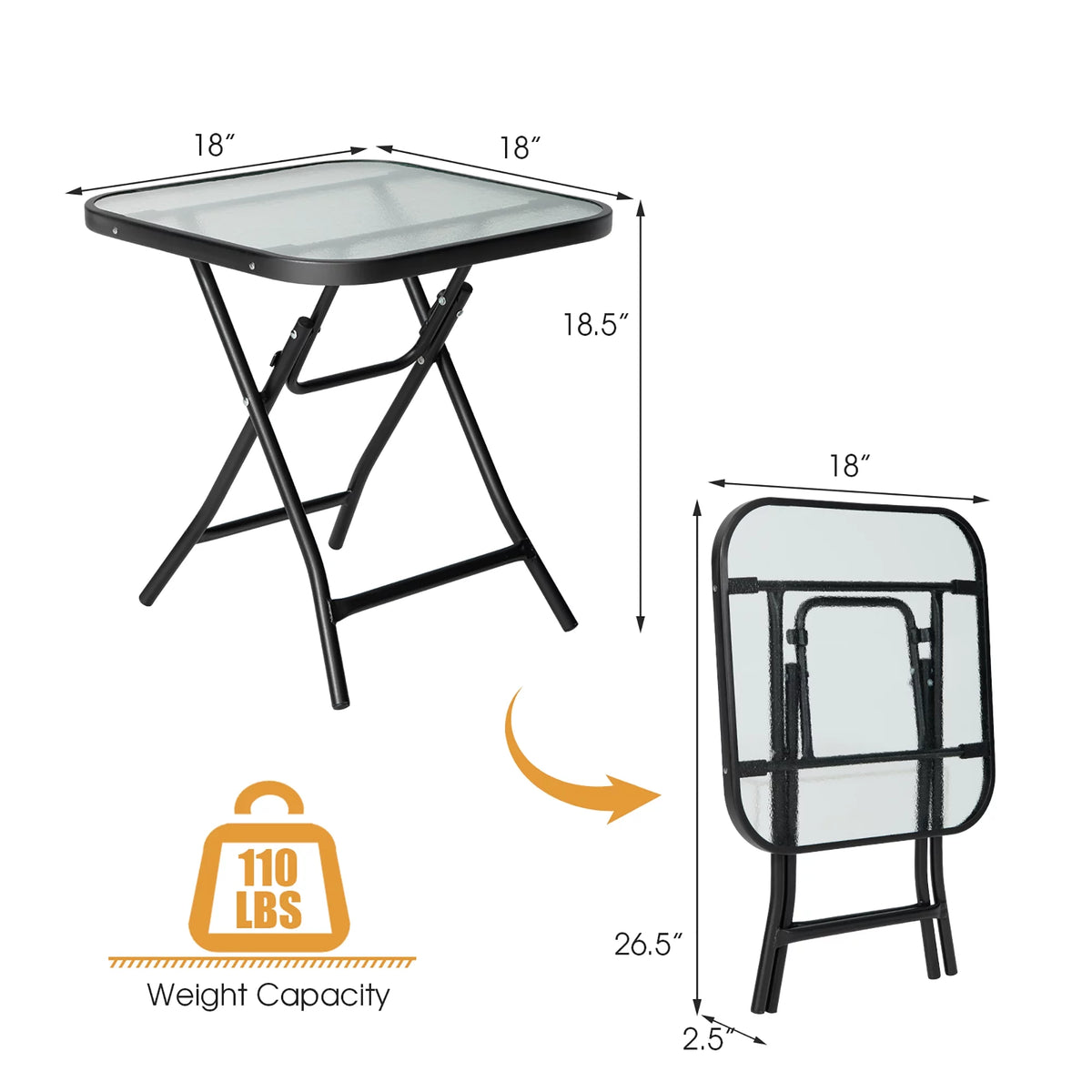 18'' Foldable Square Patio Side Table with Tempered Glass Top L7413