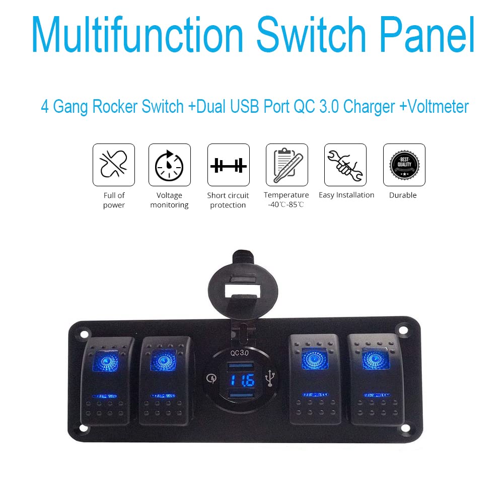 4 Gang Marine Switch Panel with Dual USB Charger Voltmeter Waterproof 12V-24V DC Pack of 2 M151719