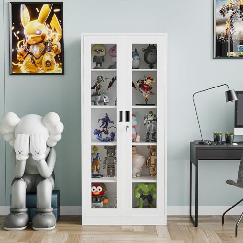 71" Locking Steel Cabinet with Tempered Glass Door, 2 Adjustable Shelves, 4 Doors, White T564