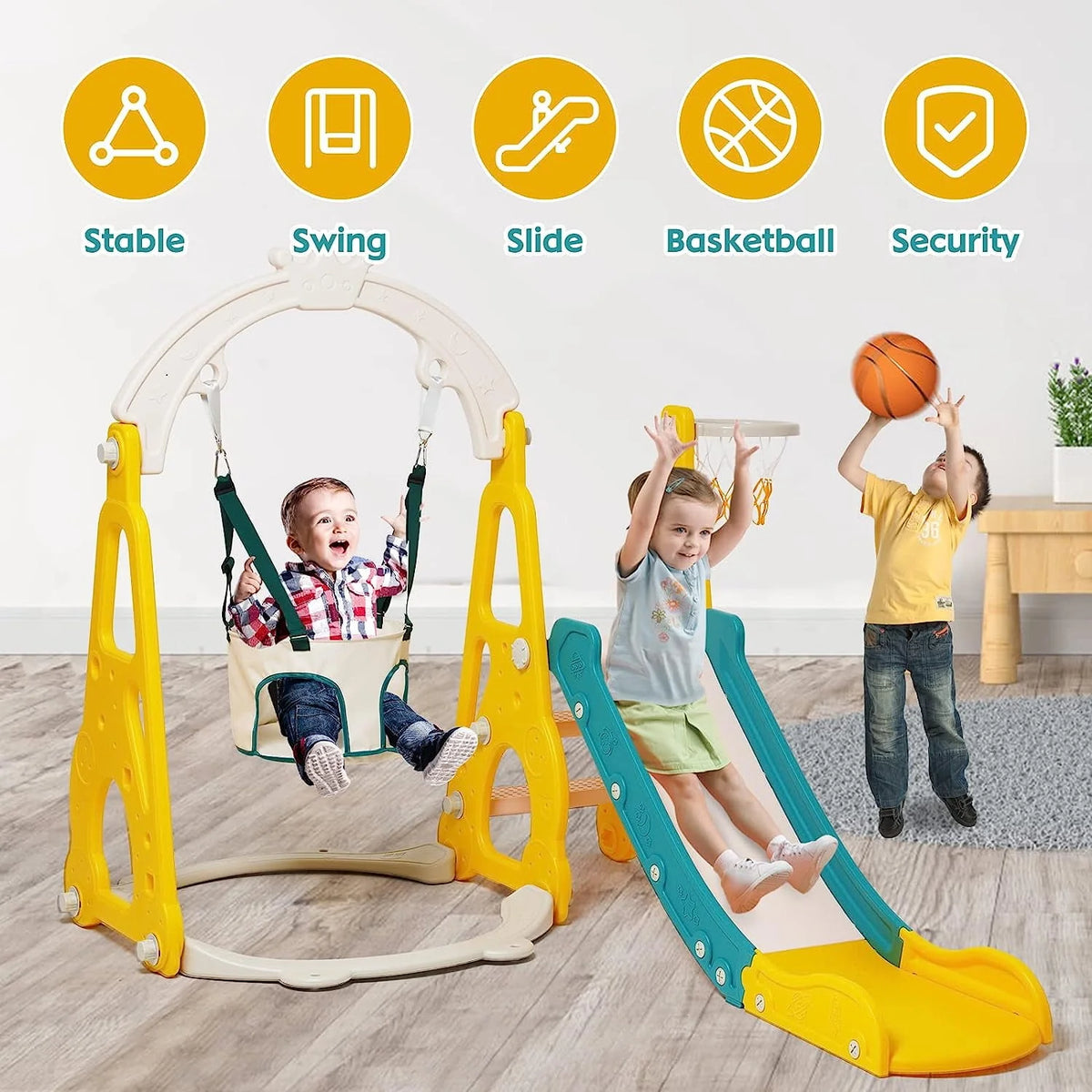4 in 1 Toddler Swing and Slide Playset with Climber and Basketball Hoop O29259