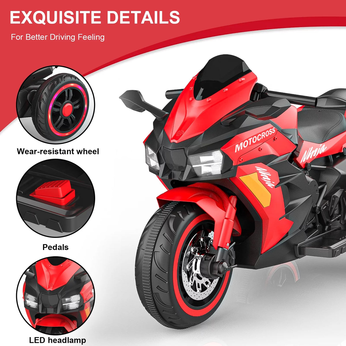 12v Battery Powered 3 Wheels Ride on Motorcycle with LED Lights Music Red S44709