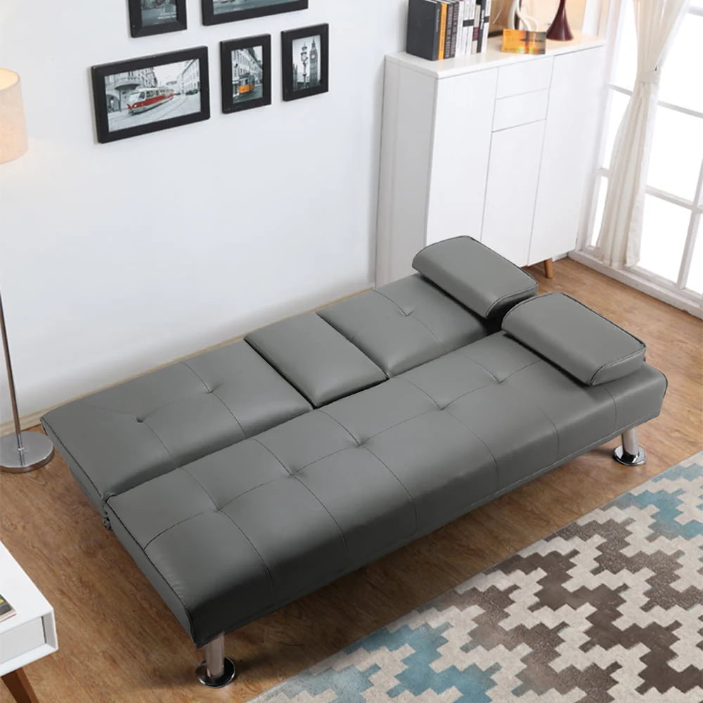 Gray Faux Leather Futon with Cupholders and Pillows V598632