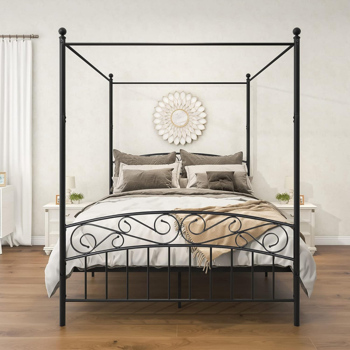 Black Metal Canopy Bed Frame Queen Size with Headboard and Footboard D75565
